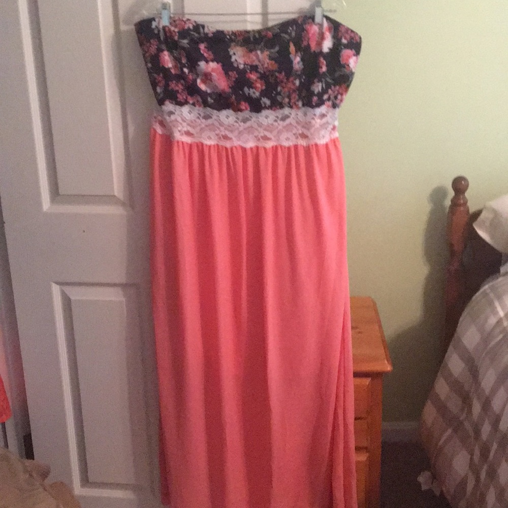 Strapless pink & floral maxi dress